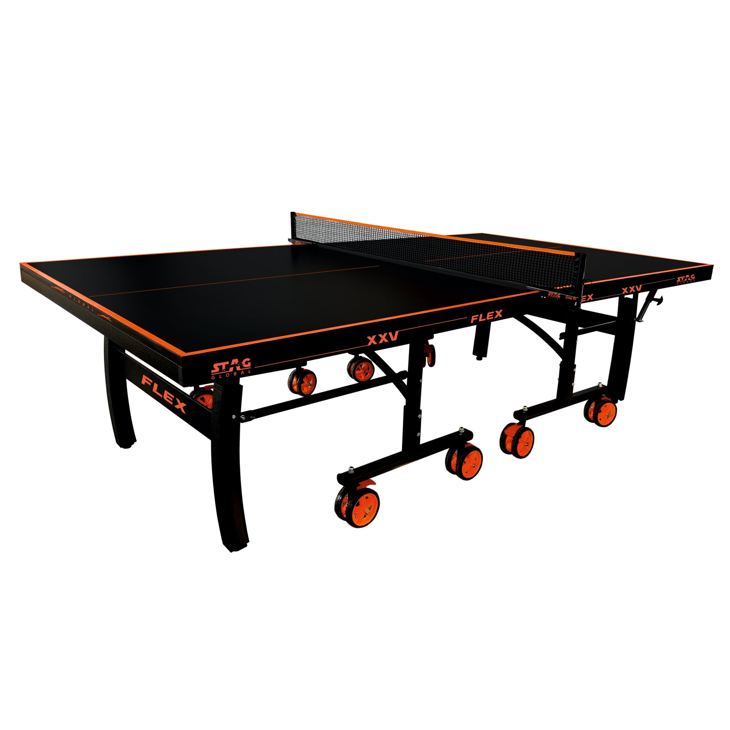 STAG GLOBAL Flex Tennis Table – Premium Black Top 25 mm with 2 TT Rackets, 6 Balls, 1 Table Cover & Clamp Net