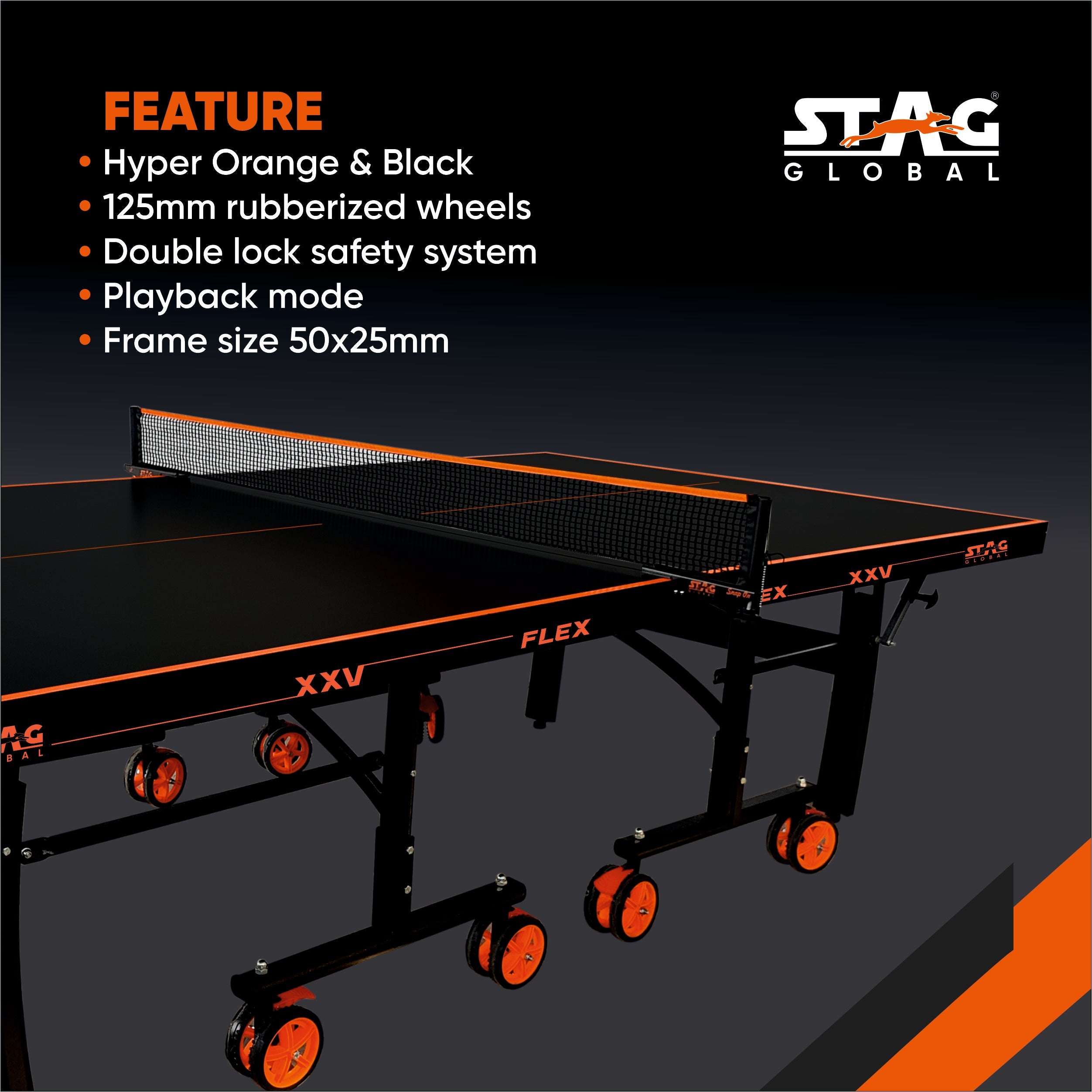 STAG GLOBAL Flex Tennis Table – Premium Black Top 25 mm with 2 TT Rackets, 6 Balls, 1 Table Cover & Clamp Net