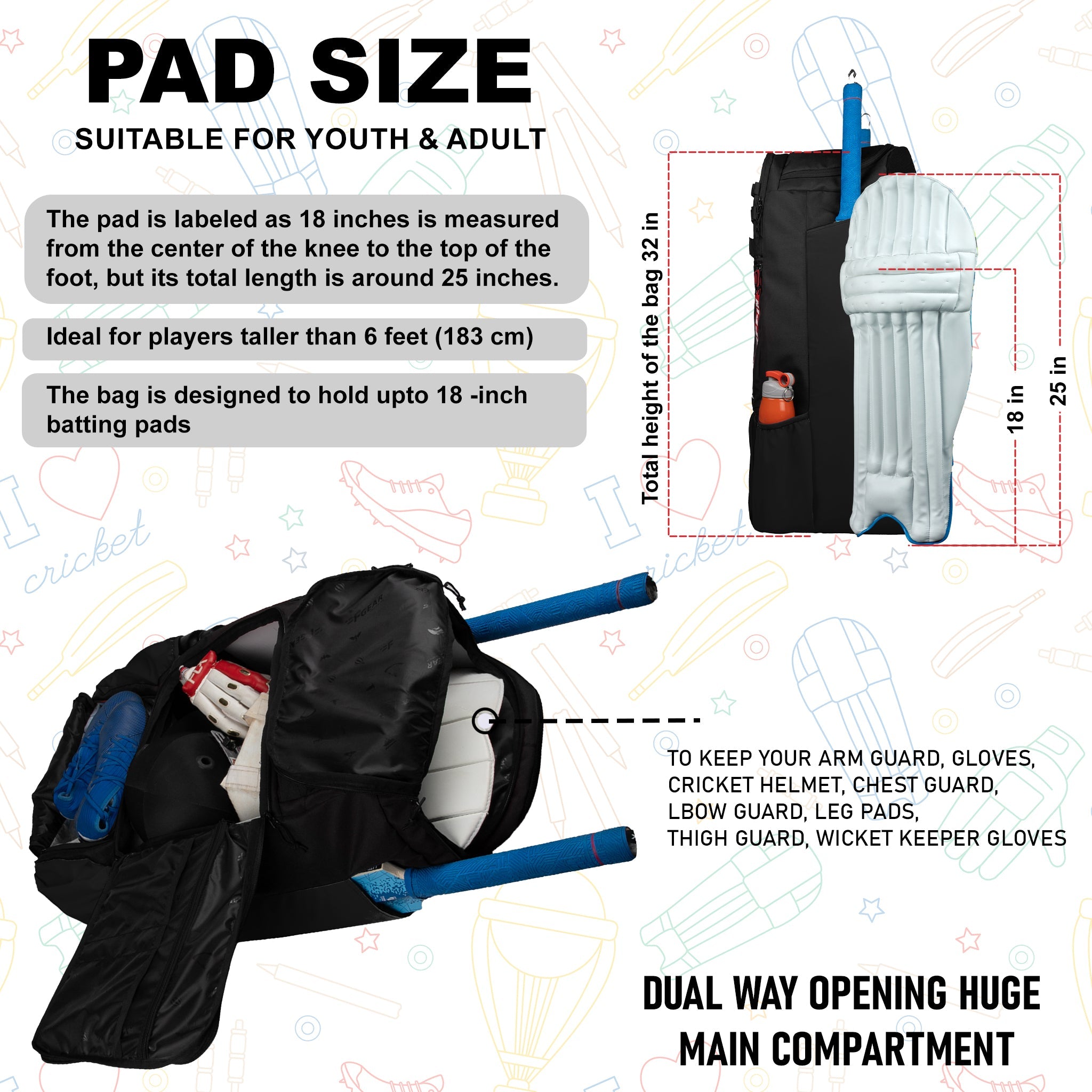 Condor Black 89L Unisex Cricket Kit Bag|Adult Size|2 Bat|Shoe/Helmet Pocket|Main Compartment 20 Inch Leg Pad|2 Bottle Holder|Easy Access Pocket|Player Edition Senior|Stylish Kit Bag