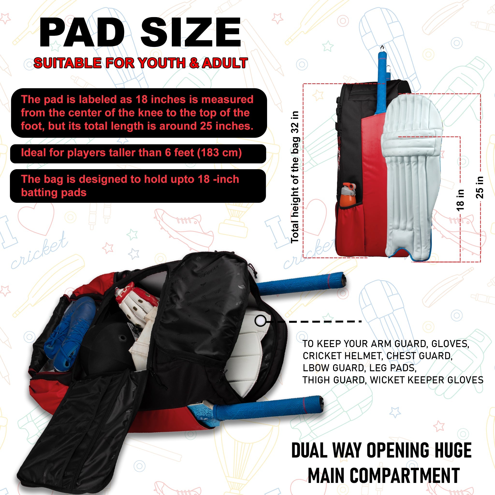 Condor Red Black 89L Unisex Cricket Kit Bag Backpack | Adult Size | 2 Bat | Shoe/Helmet Pocket | Main Compartment 20" Leg Pad |2 Bottle Holder | Easy Access Pocket | Player Edition Senior