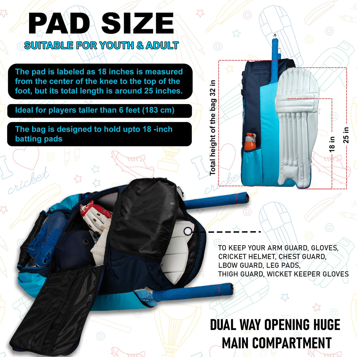 Condor Navy Blue 89L Unisex Cricket Kit Bag Backpack| Adult Size| 2 Bat | Shoe/Helmet Pocket| Main Compartment 20" Leg Pad |2 Bottle Holder| Easy Access Pocket | Player Edition Senior,Polyester