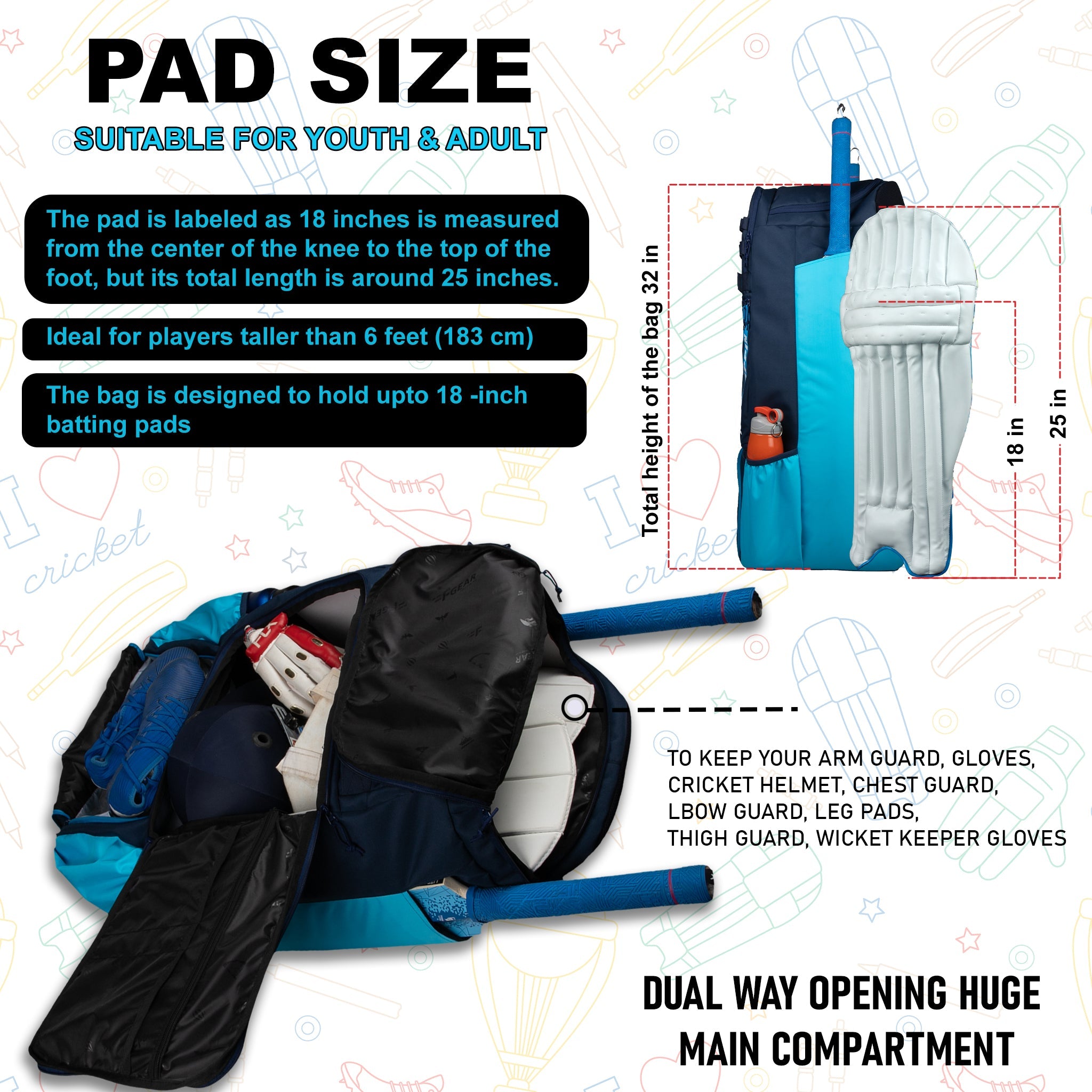 Condor Navy Blue 89L Unisex Cricket Kit Bag Backpack| Adult Size| 2 Bat | Shoe/Helmet Pocket| Main Compartment 20" Leg Pad |2 Bottle Holder| Easy Access Pocket | Player Edition Senior,Polyester