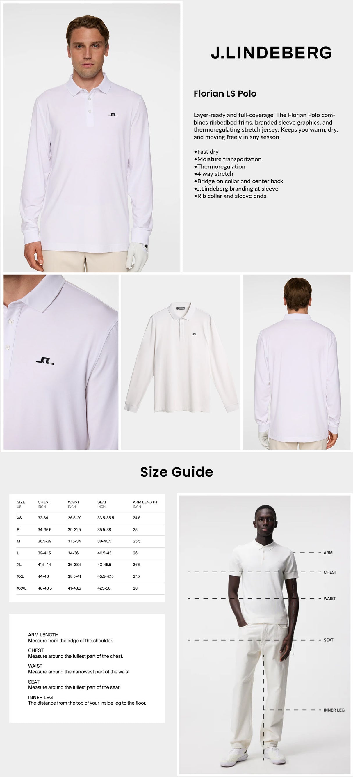 J Lindeberg Men's Florian Long Sleeve Golf Polo - White