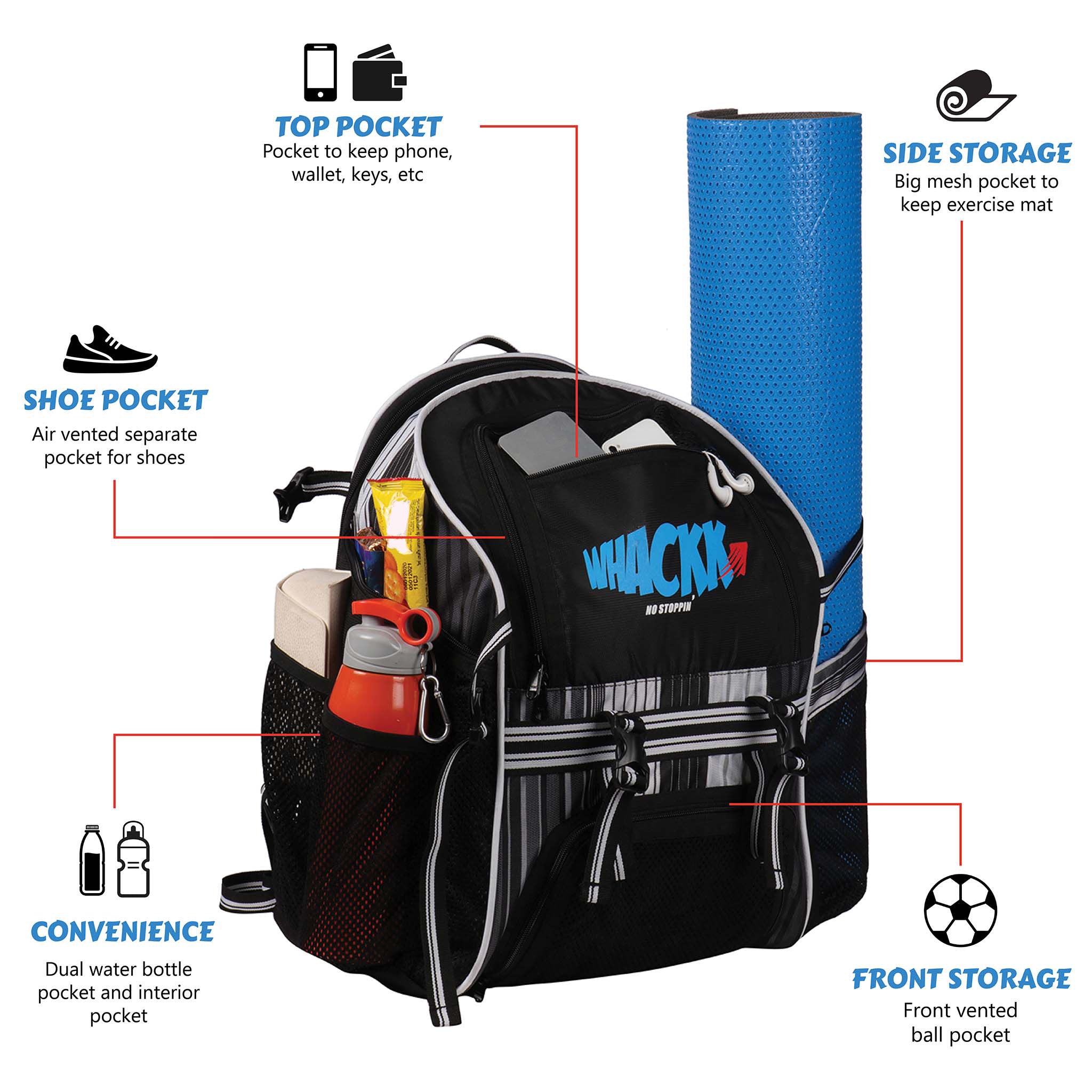 Champion Soccer Black White |Football Kitbag Bags|Basketball Volleyball Throwball Equipment Backpack |Football & Helmet Pocket |Exercise Mat Holder|Gym |Access Pockets|Sports Men Boys Bag