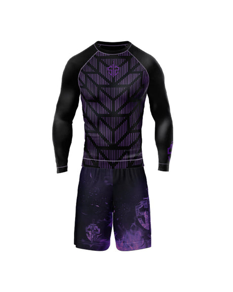 SASIB Indigo Shield Rashguard Compression - Full Sleeves Purple + SASIB Inferno MMA Shorts - Purple