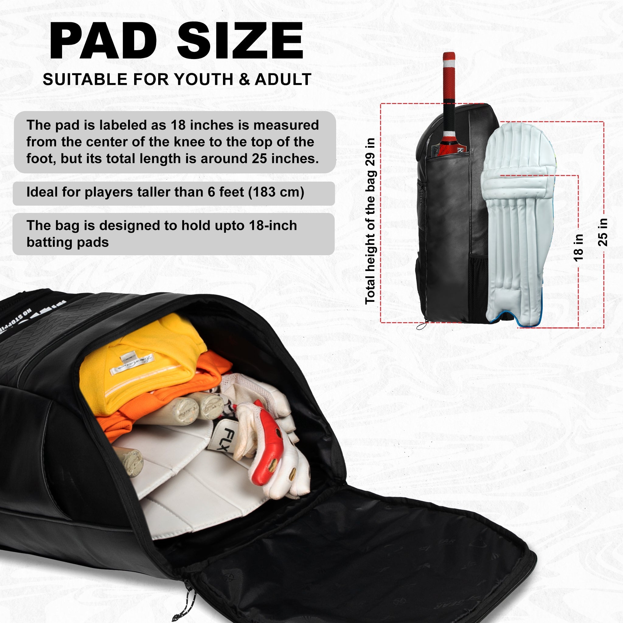 Lara Blk 72L | Premium Artificial Vegan Faux Leather Cricket Backpack|KitBag|Adult Size|2 Bat Pocket|Shoe/Helmet Pocket|Fit 18" Leg Pad 2 Bottle Holder|Easy Access|Player Senior,Black