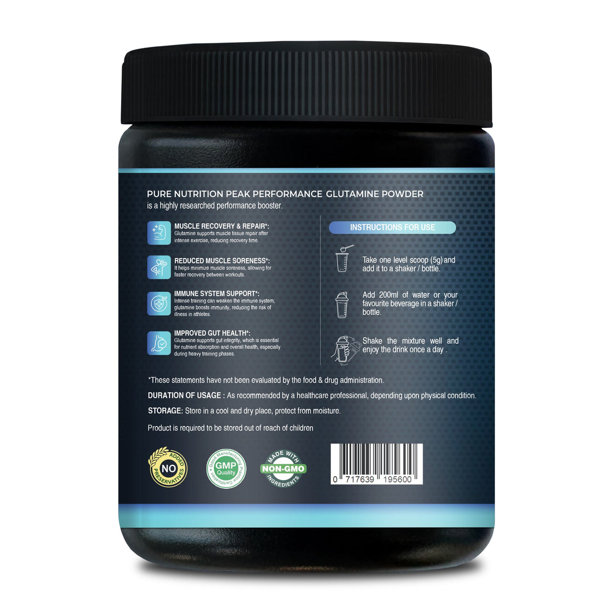 L-Glutamine Powder 5000 mg | Unflavoured | 100% L-Glutamine | 250 g | 50 Servings | Post Workout Recovery Supplement