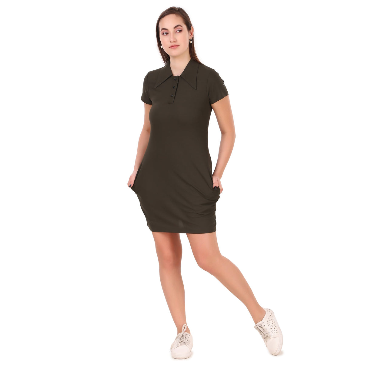 Activewear Collar Neck Dress For Women (Olive)