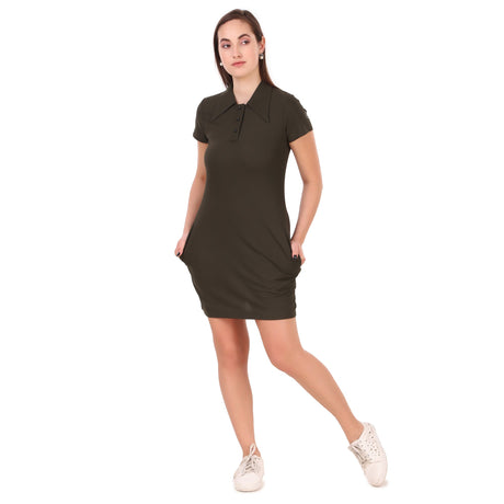 Activewear Collar Neck Dress For Women (Olive)