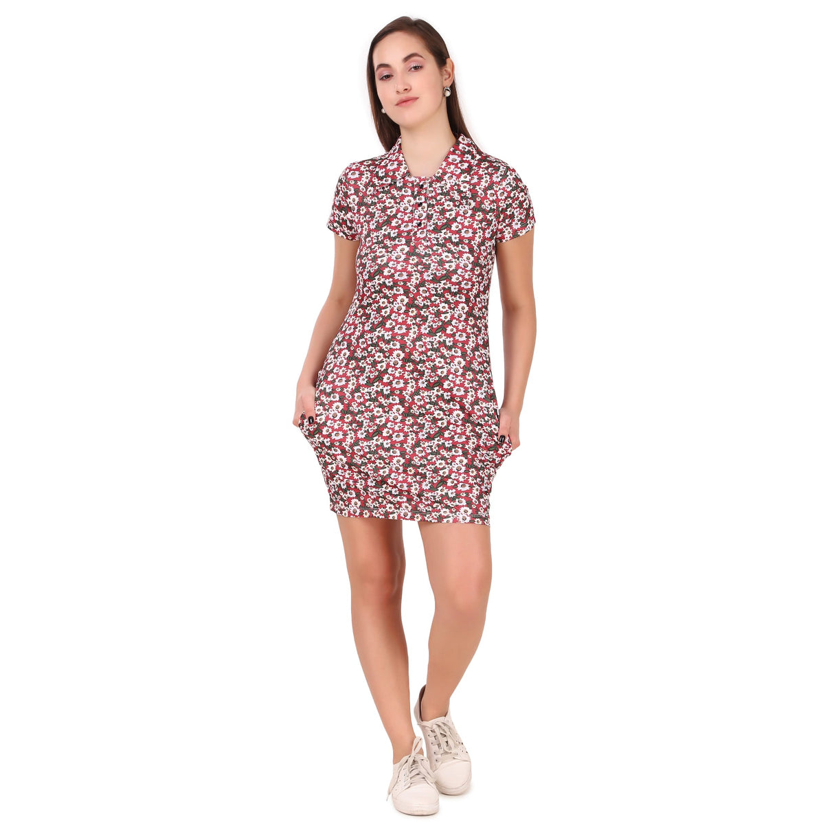 Activewear Collar Neck Dress For Women (Red Floral)