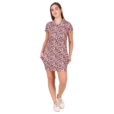 Activewear Collar Neck Dress For Women (Red Floral)