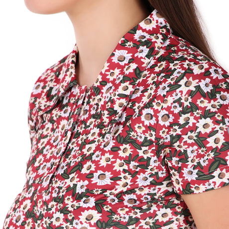 Activewear Collar Neck Dress For Women (Red Floral)