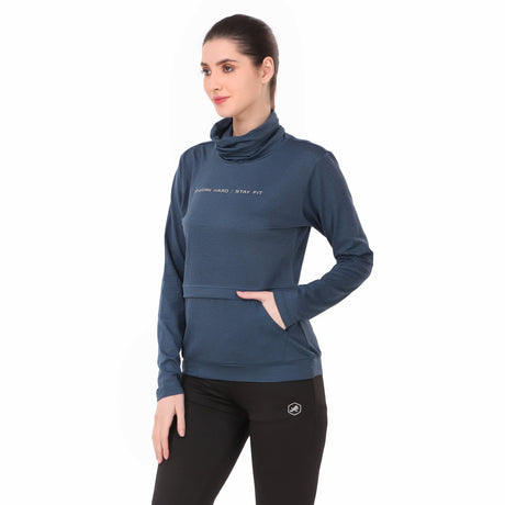 Performance Cowl Neck Tshirt For Women FS (Blue Melange)