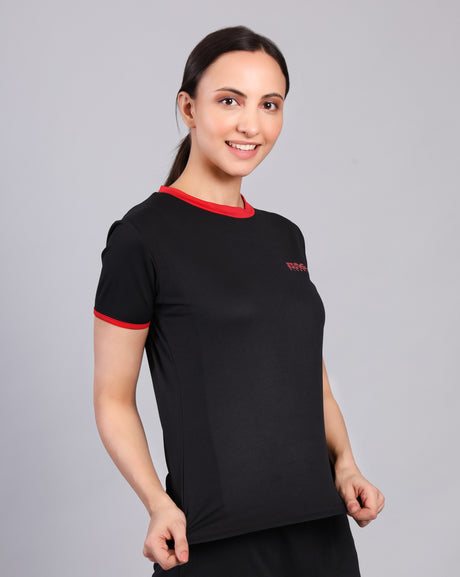 STAG GLOBAL Crest  Women's Sports T-Shirt  | Black/Pink |  100% Polyester | Lightweight & Quick Dry