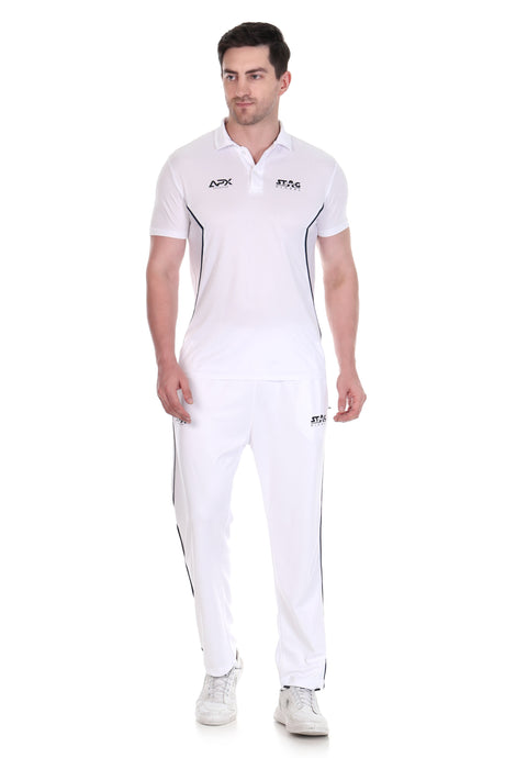 Stag Global APX Pure White Half Sleeve Sports Set for Men & Women | Collared T-Shirt with Track Pant | Moisture Wicking | 4-Way Stretch