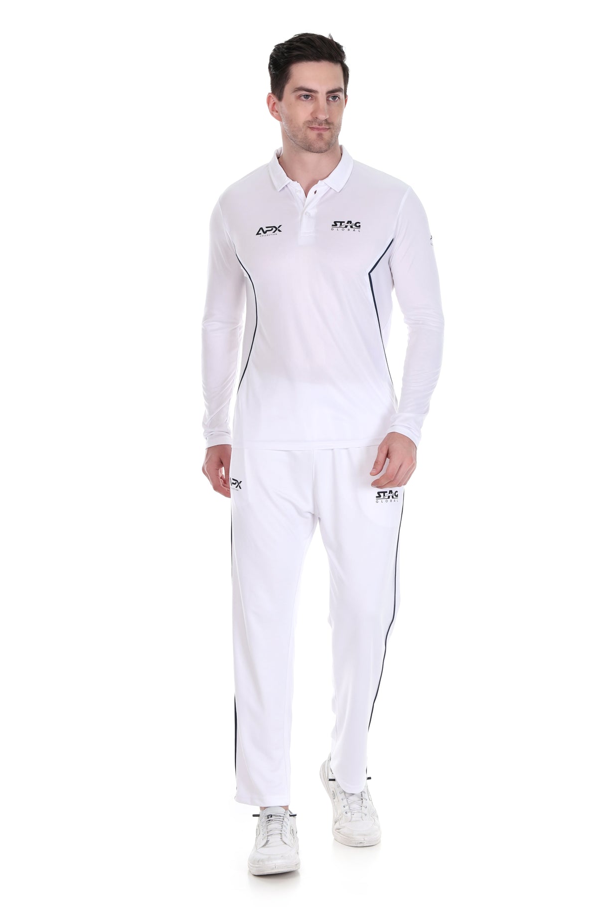 Stag Global APX Pure White Full Sleeve Sports Set for Men & Women | Collared T-Shirt with Track Pant | Moisture Wicking | 4-Way Stretch