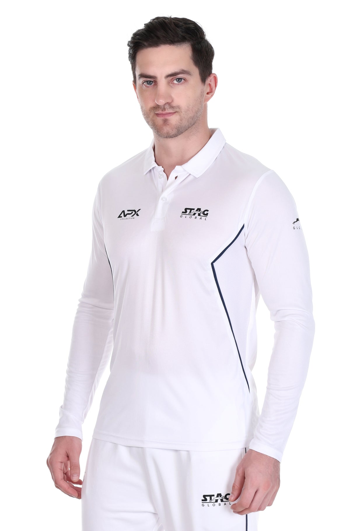 Stag Global APX Pure White Full Sleeve Sports T-Shirt for Men | Collar Neck | 4-Way Stretch | Moisture Wicking | 140 GSM