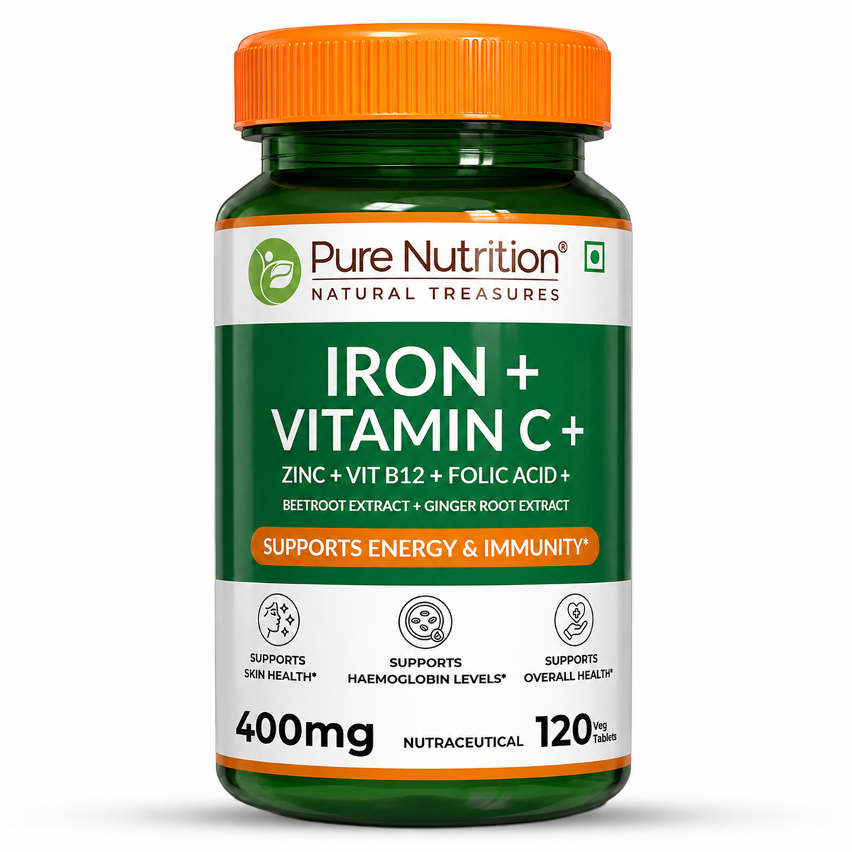 Iron + Vitamin C Tablets 120 | With Zinc, Vitamin B12, Folic Acid, Beetroot & Ginger - Nutrition by Pure Nutrition