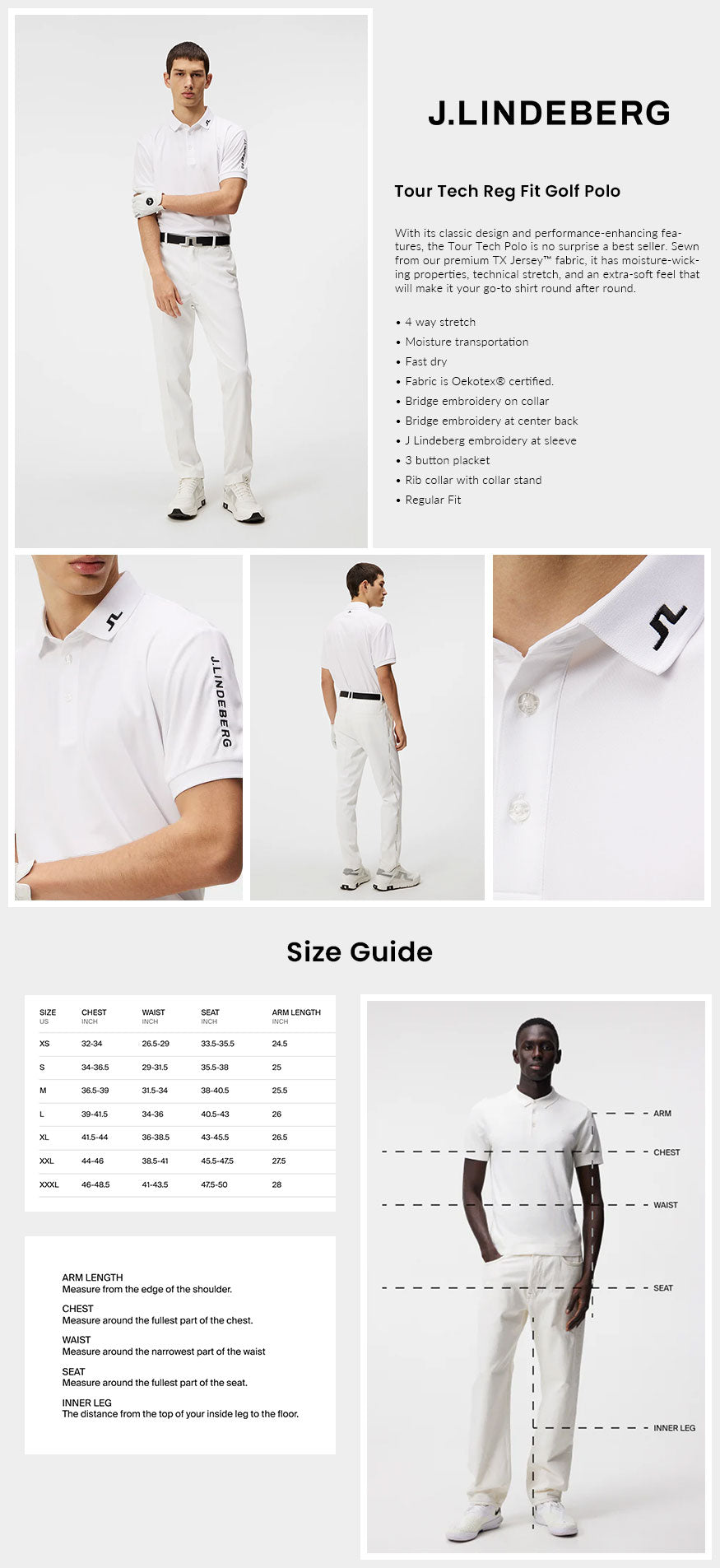 J Lindeberg Men's Tour Tech Slim Fit Golf Polo - White