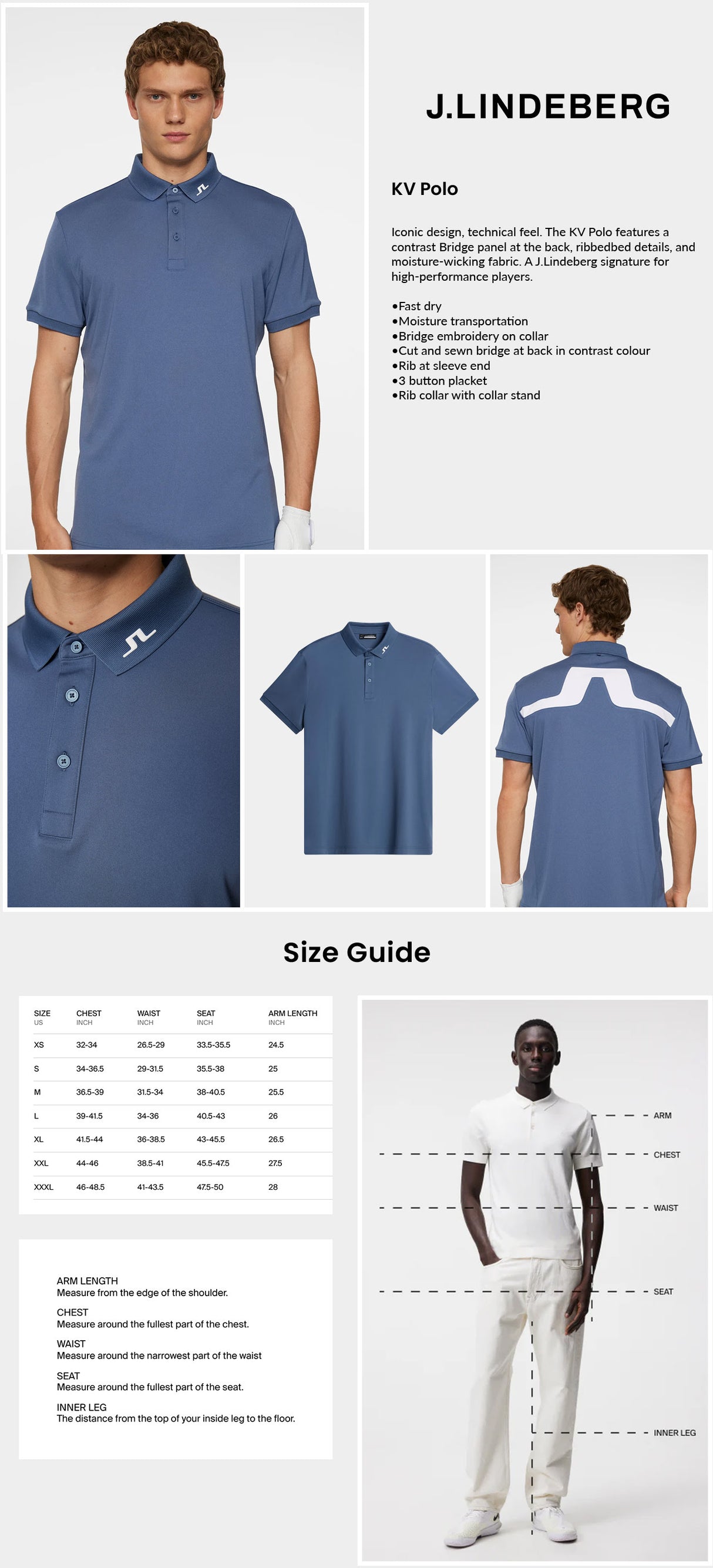 J Lindeberg Men's KV Golf Polo - Vintage Indigo