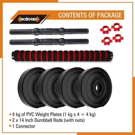 Kore PVC DM 4-40 Kg 3 IN 1 Convertible Dumbbells Set and Fitness Kit for Men and Women Whole Body Wo | Kushal Rubber Industri