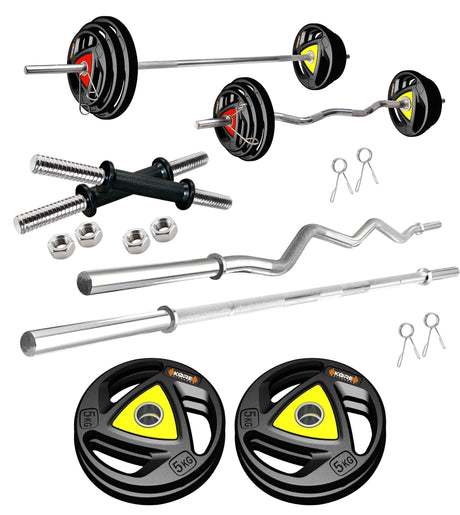 Kore Professional 10-50 kg Metal Integrated Rubber Plates Home Gym Set with One 3 Ft Curl + 5 Ft Pla | Kushal Rubber Industri