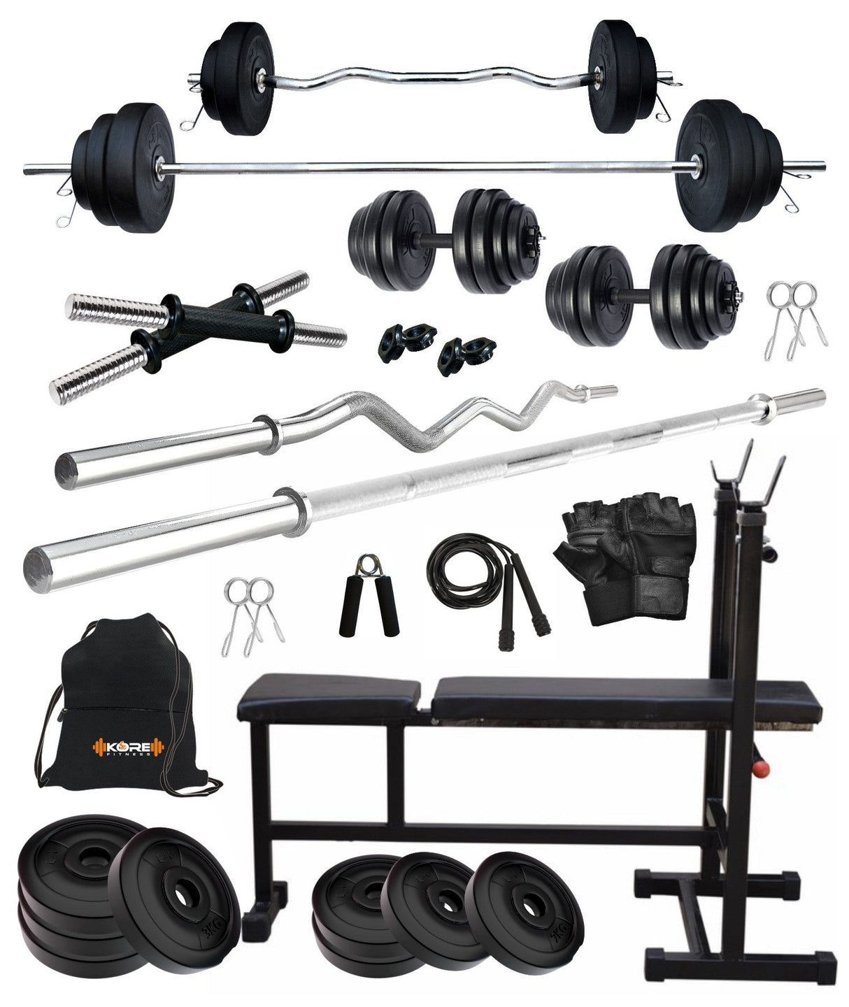 Kore PVC 20-100 kg Home Gym Set with One 3 Ft Curl + 5 Ft Plain Rod and One Pair Dumbbell Rods with 3 In 1 Multipurpose Bench and Gym Accessories (PVC-COMBO5)