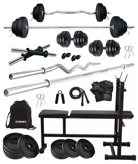 Kore PVC 20-100 kg Home Gym Set with One 3 Ft Curl + 5 Ft Plain Rod and One Pair Dumbbell Rods with  | Kushal Rubber Industri