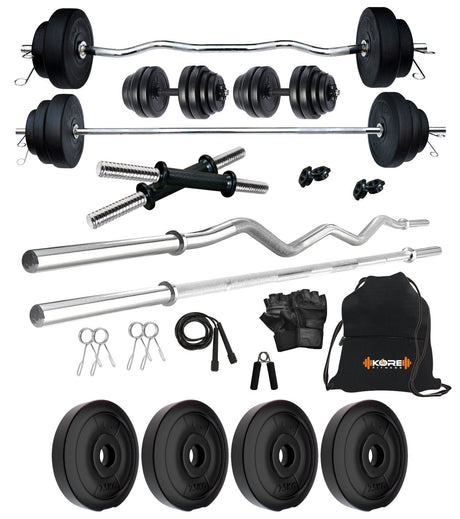 Kore PVC 10-50 kg Home Gym Set with One 3 Ft Curl + 3 Ft Plain Rod and One Pair Dumbbell Rods with G | Kushal Rubber Industri