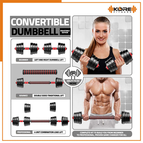 Kore PVC DM 4-40 Kg 3 IN 1 Convertible Dumbbells Set and Fitness Kit for Men and Women Whole Body Wo | Kushal Rubber Industri