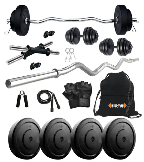 Kore 10-50 kg Home Gym Set with One 3 Ft Curl and One Pair Dumbbell Rods with Gym Accessories (COMBO | Kushal Rubber Industri