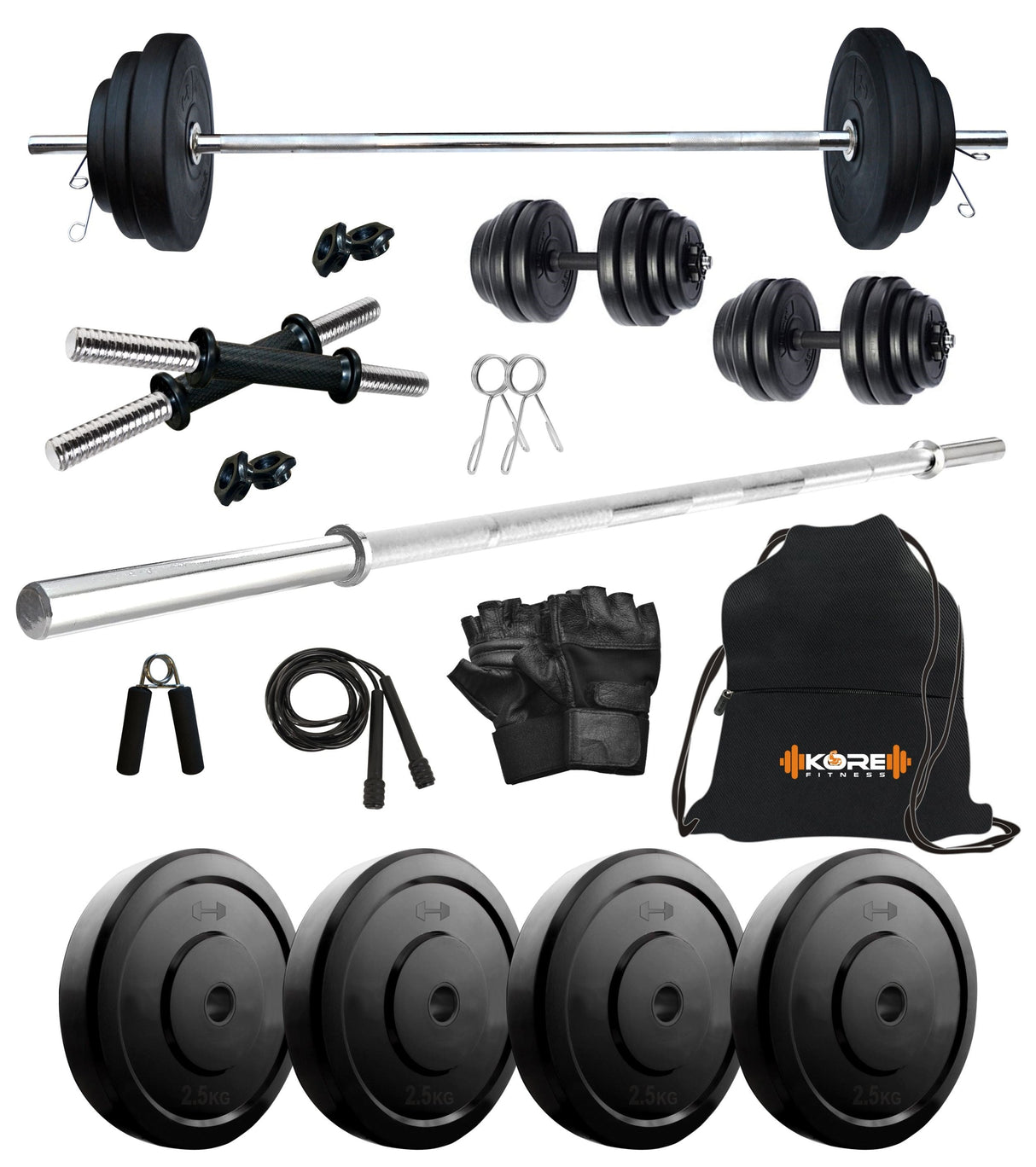 Kore 10-50 kg Home Gym Set with One 3 Ft Plain and One Pair Dumbbell Rods with Gym Accessories (COMBO43)