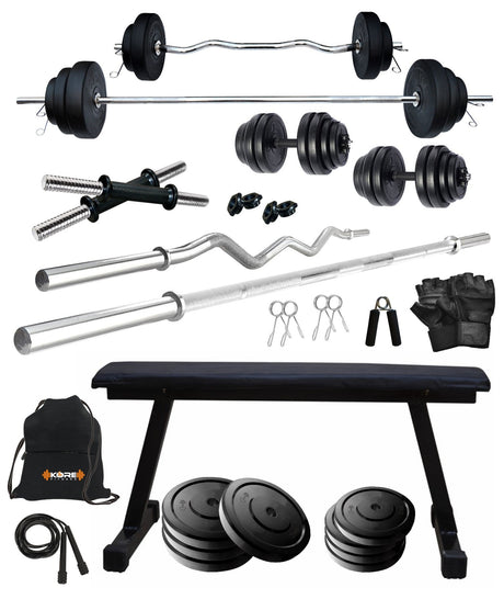 Kore 20-100 kg One 3 Ft Curl + 5 Ft Plain Rod and One Pair Dm Rods with Flat Bench and Gym Accessori | Kushal Rubber Industri