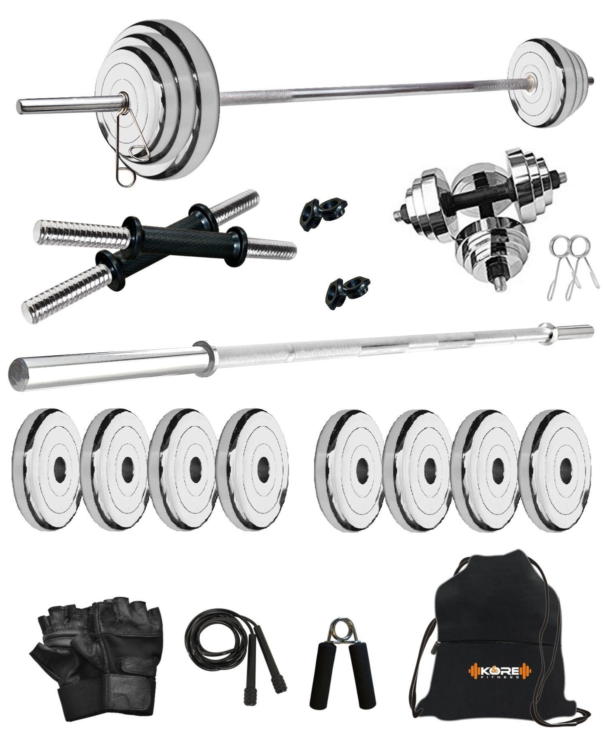 Kore Professional Steel 10-100 kg Home Gym Set with One 4 Ft Plain and One Pair Dumbbell Rods with Gym Accessories (SP-COMBO9)