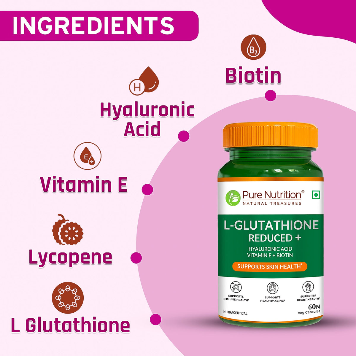 L-Glutathione Reduced+ | With Hyaluronic Acid, Vitamin E & Biotin | 60 Veg Tablets