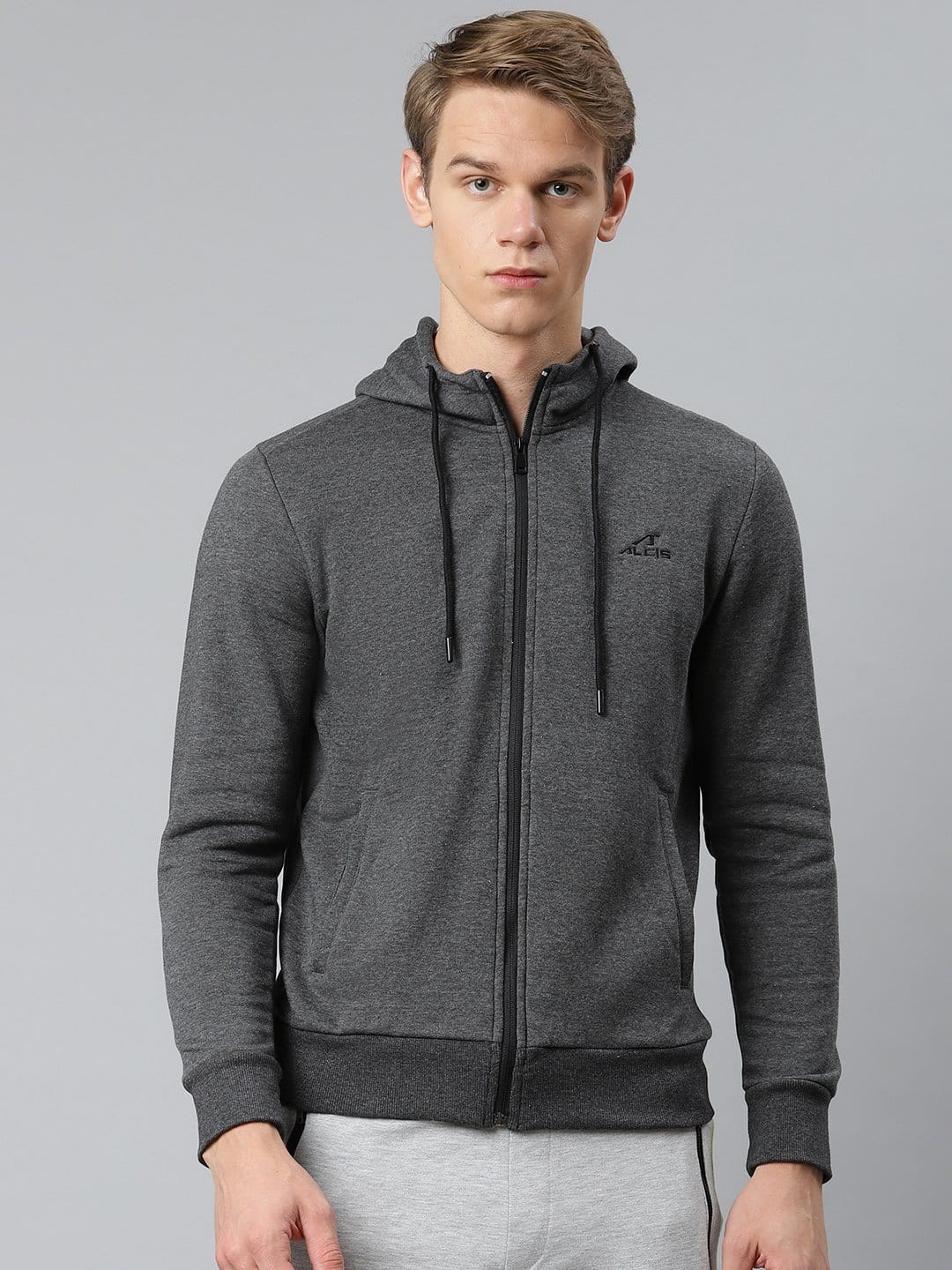 Alcis Men Charcoal Grey Solid Hooded Front-Open Jacket