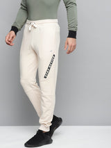 Alcis Men Off-White Solid Slim Fit Joggers with Printed Detail