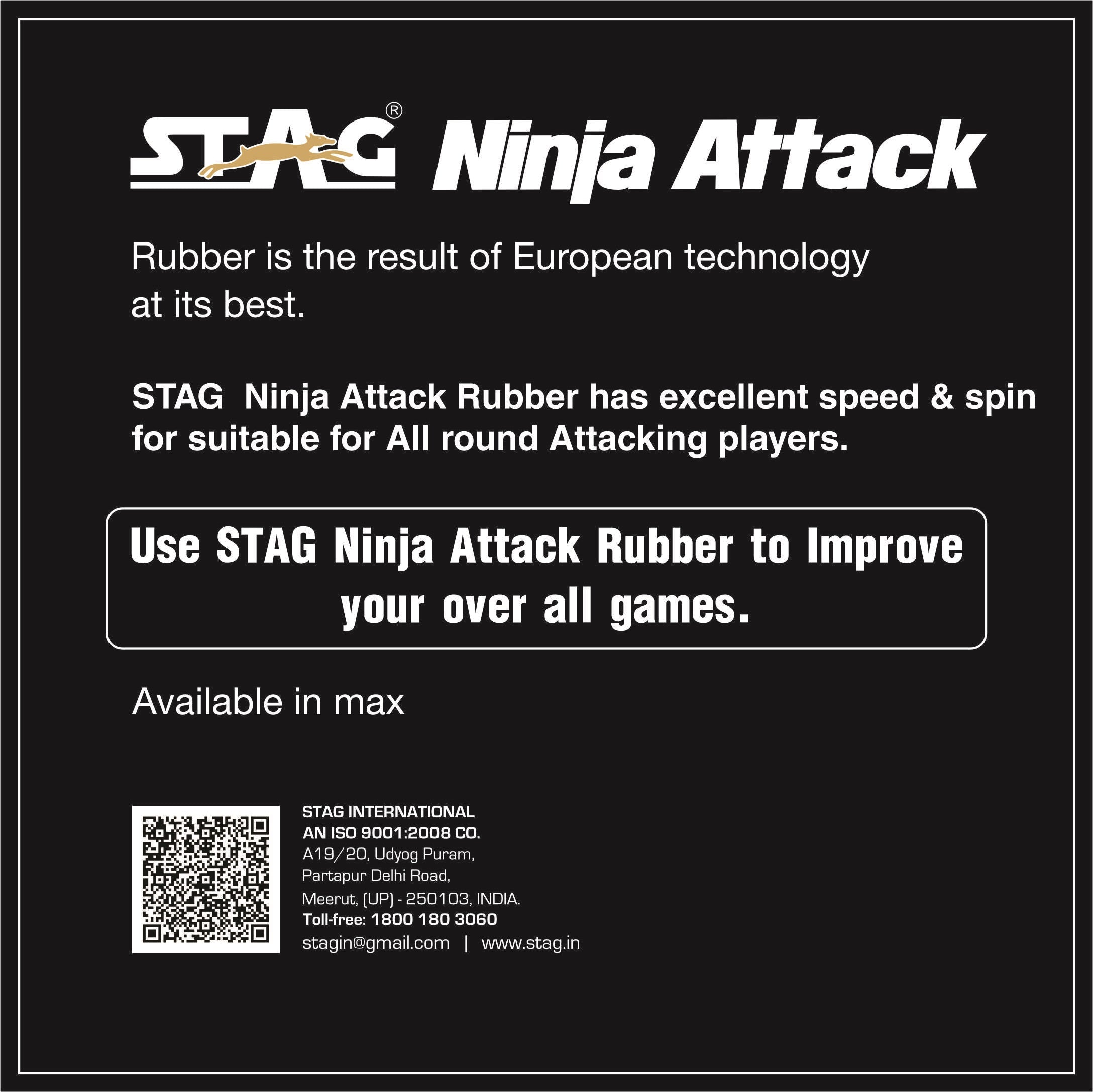 STAG GLOBAL Ninja Attack Table Tennis Racket Rubber, ITTF Approved ,Speed 88, Spin 92 ,Control 78