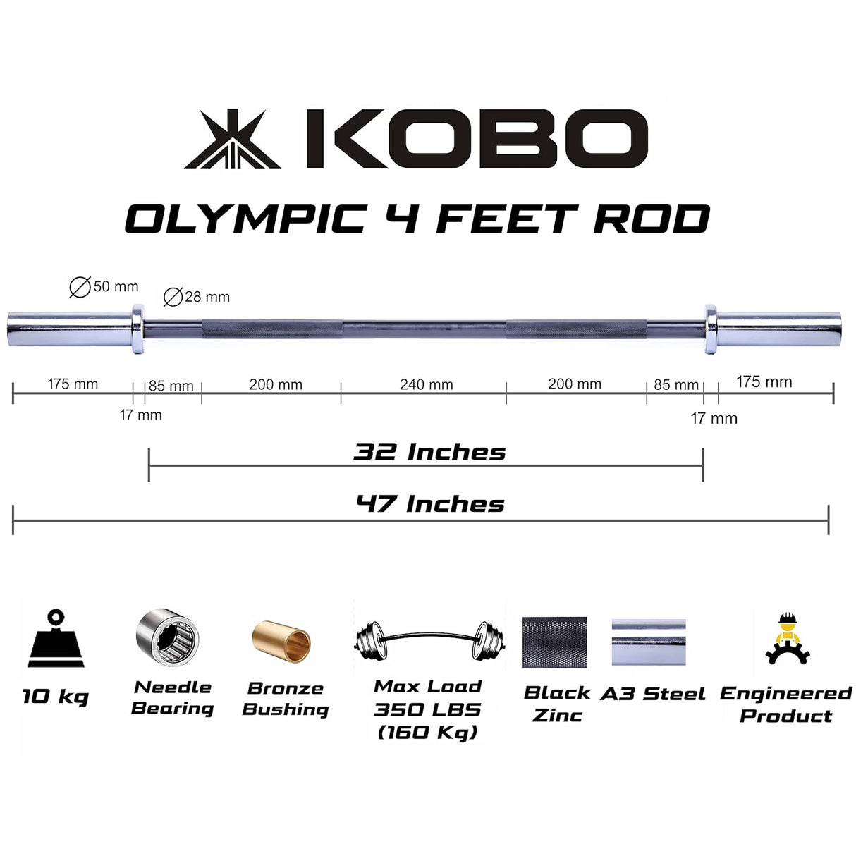 Kobo OR-4-B Olympic Barbell 47″ Bar