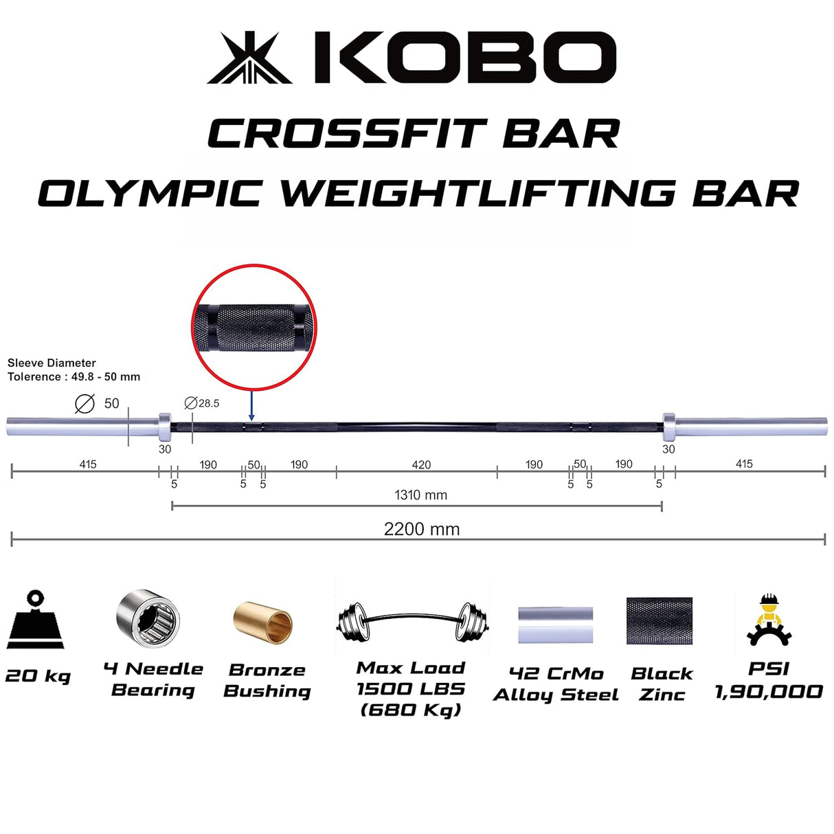Kobo OR-7-B Olympic Crossfit Barbell 86″ Bar