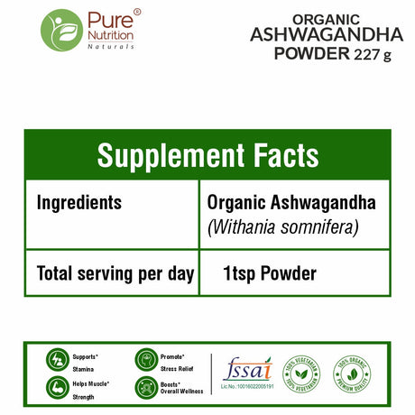 Organic Ashwagandha Powder - 227g | 100% Pure and Natural | Supports Stress Relief, Vitality, and Overall Wellness