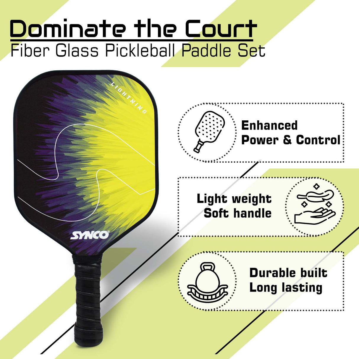 Synco Pickleball Paddle Set Lightning Yellow | 2 Pickleball Rackets and 4 Pickleballs with Carry Bag | Fiberglass Lightweight Racket with Cushion Comfort Grip