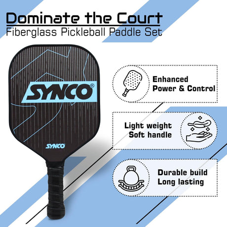 Synco Pickleball Paddle Set Carbonium Blue | 2 Pickleball Rackets and 4 Pickleballs with Carry Bag | Fiberglass Lightweight Racket with Cushion Comfort Grip