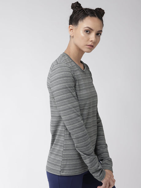 Alcis Women Grey Striped Round Neck T-shirt | Alcis