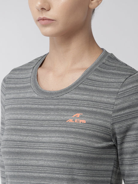Alcis Women Grey Striped Round Neck T-shirt | Alcis