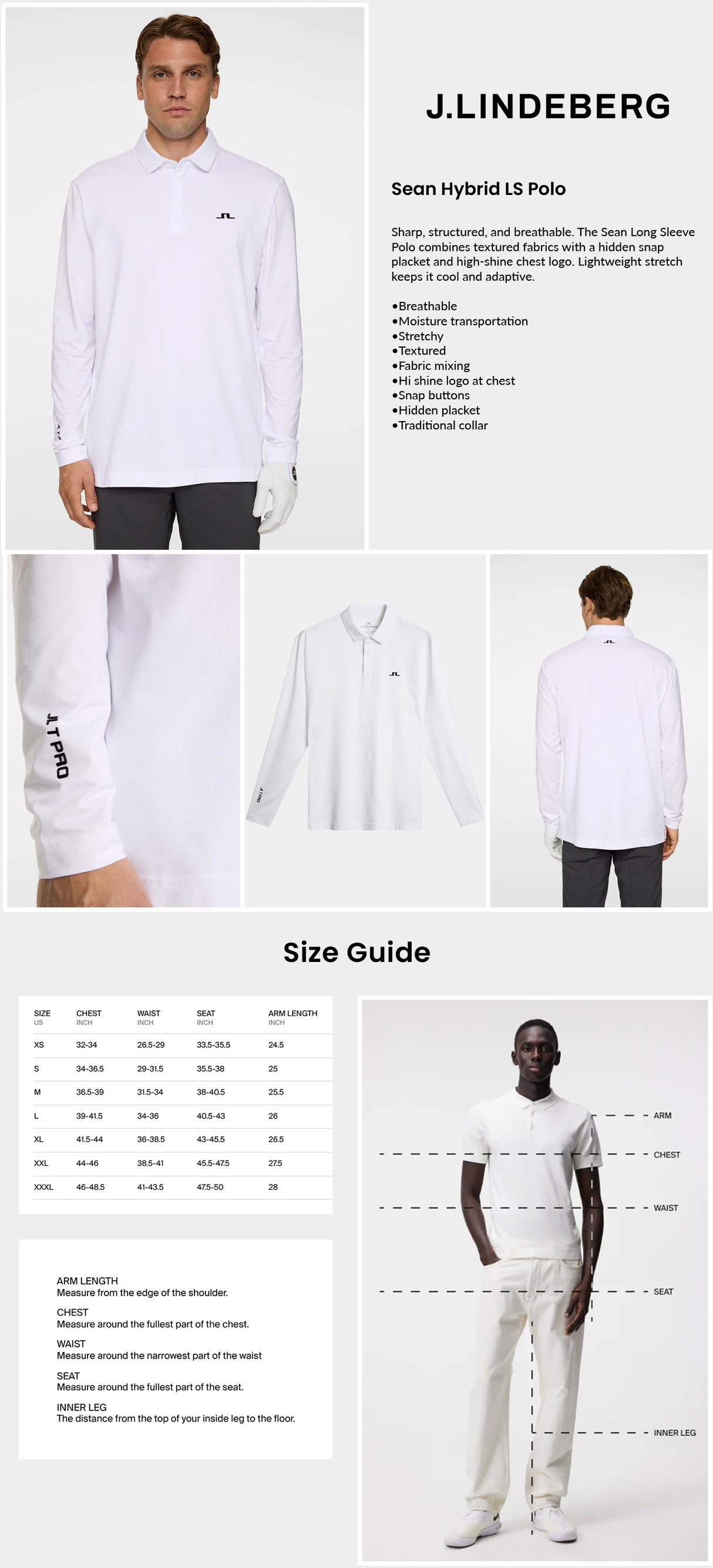 J Lindeberg Men's Sean Hybrid Long Sleeve Golf Polo - White