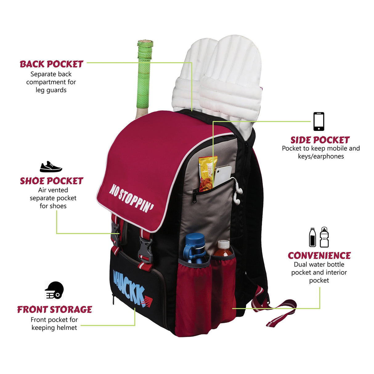 Scorer Red |Cricket Kitbag |Cricket Kit Bag Backpack |Juniour & Youth|Player Bat Pocket Shoe & Helmet Pocket |Separate Pad Pocket Fit 13.75 inch Leg Pad |2 Bottle Accesory Pocket