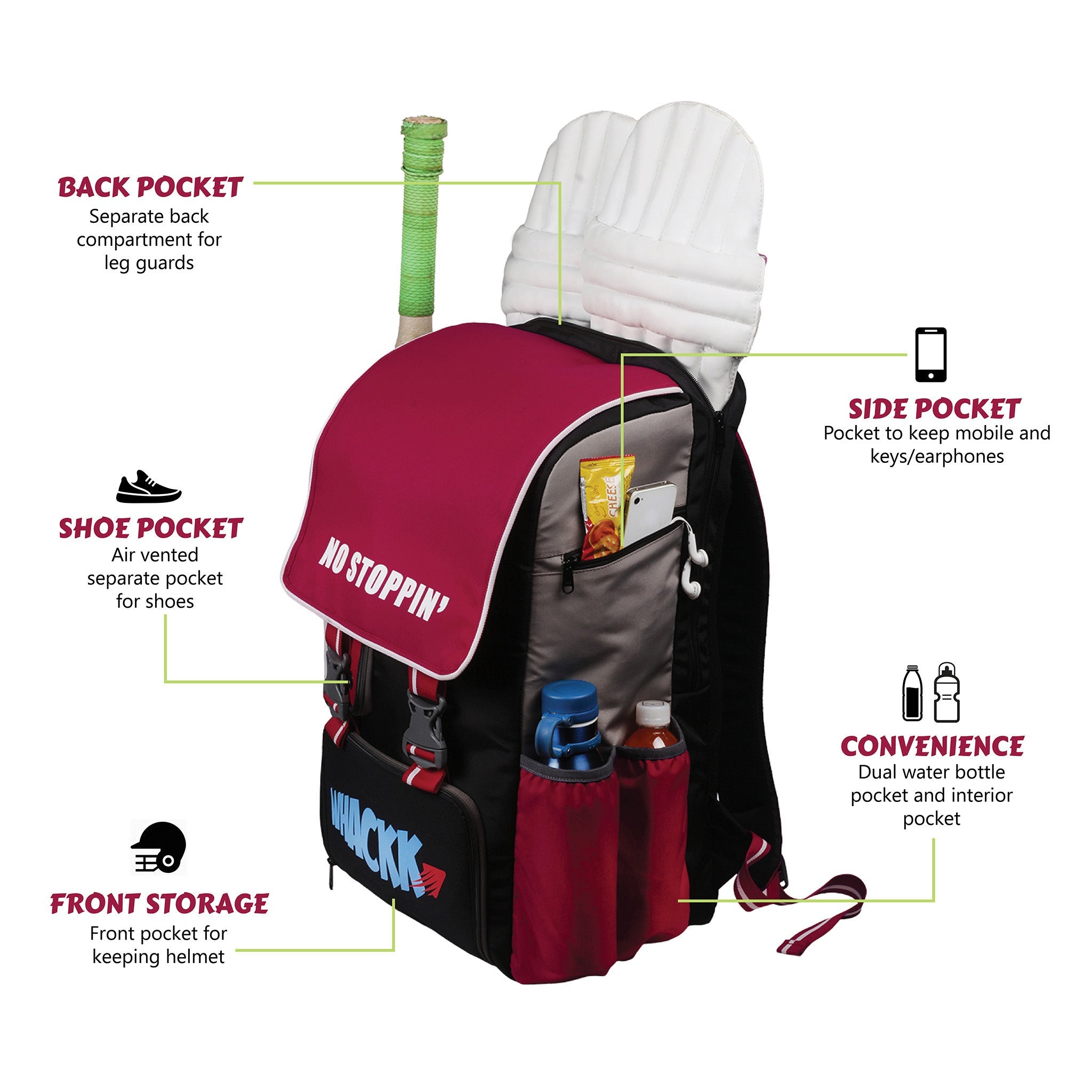 Scorer Red |Cricket Kitbag |Cricket Kit Bag Backpack |Juniour & Youth|Player Bat Pocket Shoe & Helmet Pocket |Separate Pad Pocket Fit 13.75 inch Leg Pad |2 Bottle Accesory Pocket