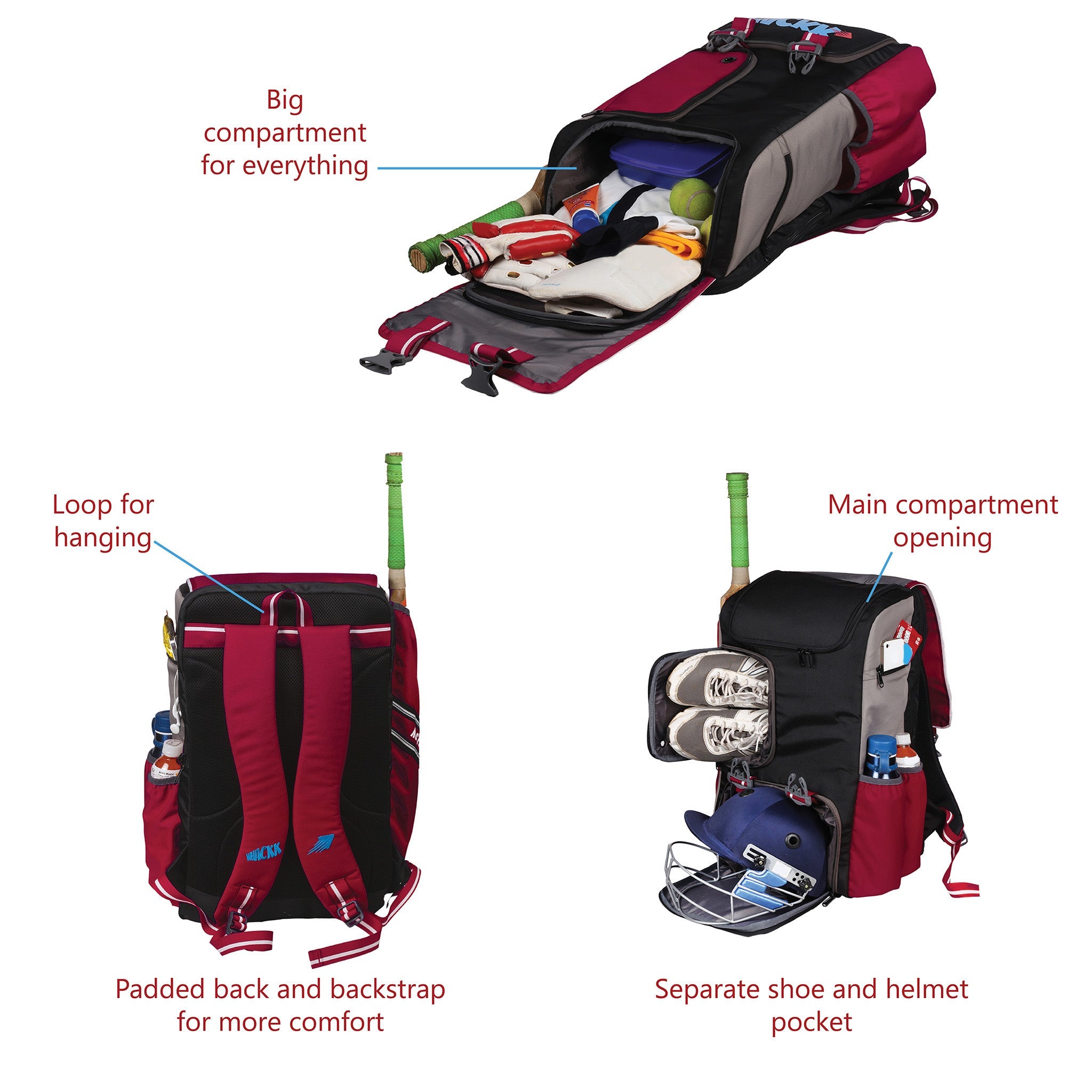 Scorer Red |Cricket Kitbag |Cricket Kit Bag Backpack |Juniour & Youth|Player Bat Pocket Shoe & Helmet Pocket |Separate Pad Pocket Fit 13.75 inch Leg Pad |2 Bottle Accesory Pocket