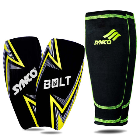 Synco Bolt Shin Guard with Sleeve Combo | Shin Guard for Football | Size- Medium - Shin Guards